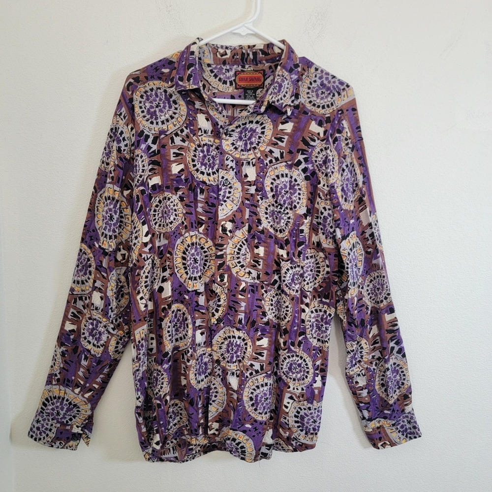 Shah Safari Mens Large Purple Abstract Geometric Rayon Button Up Shirt Vintage